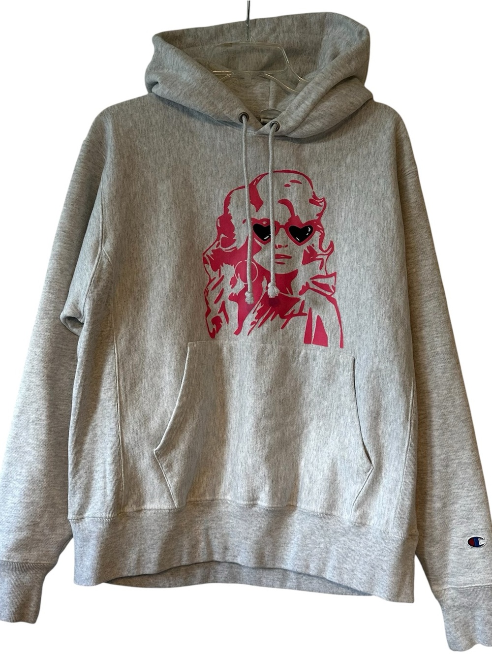 Champion Gray Hoodie with Pink Graphic Girl Design M Dolly Pop Art vintage